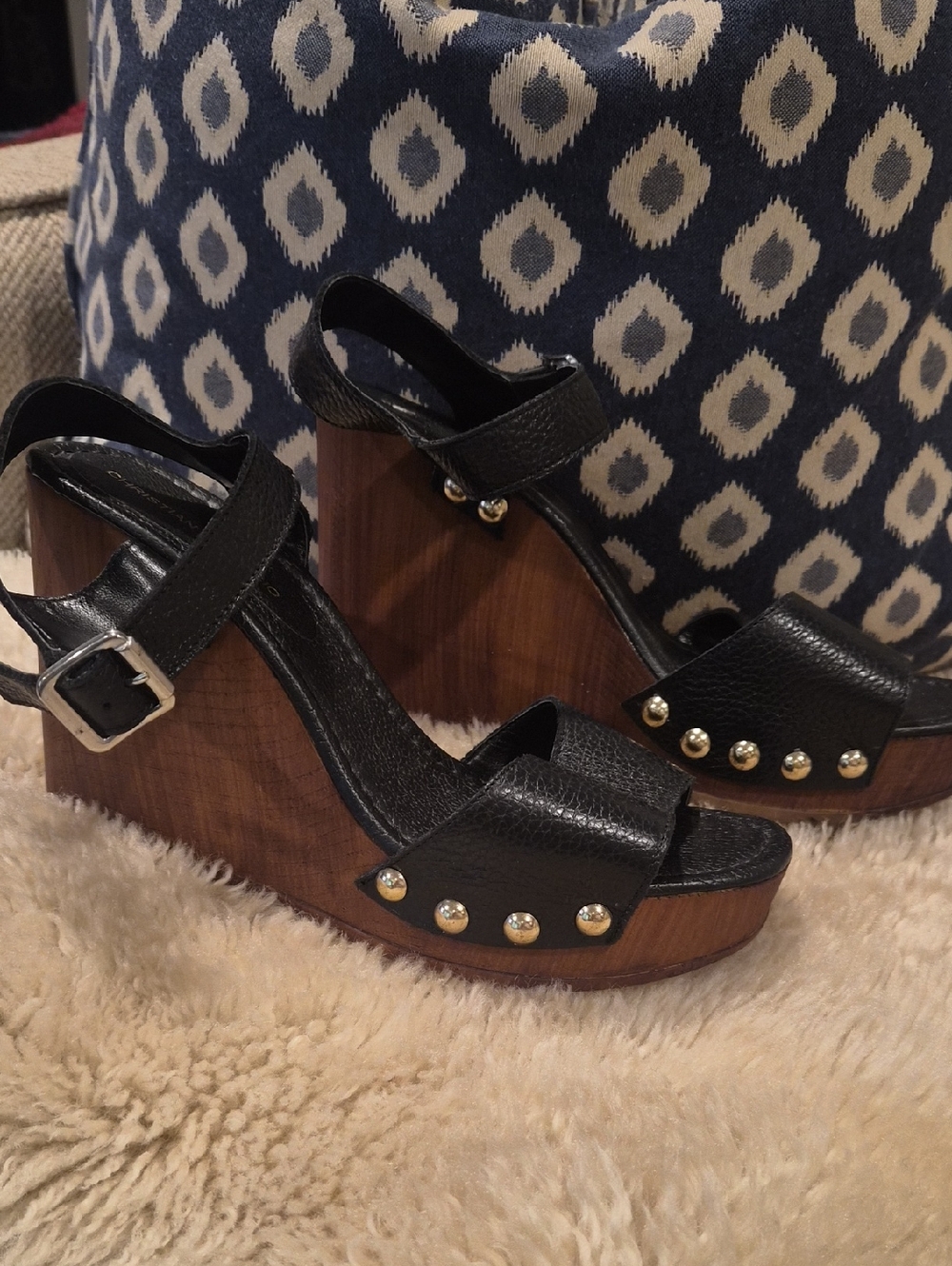 Black Leather Wedge Sandals with Gold Studs